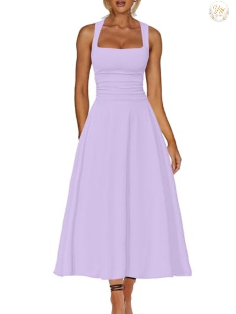 Elegant A-Line Midi Corset Dress Square Neck Sleeveless Flowy Ruffle